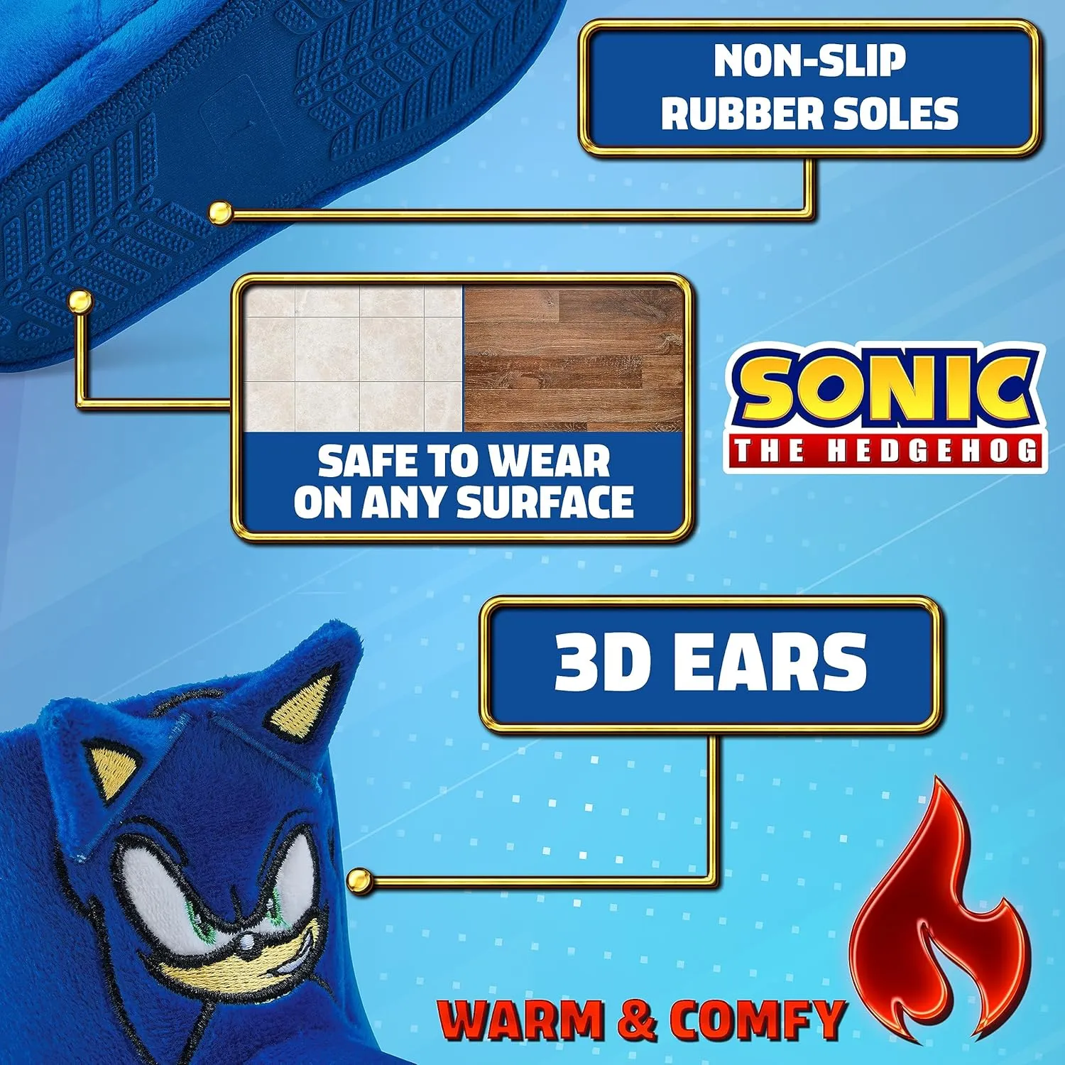 Sonic The Hedgehog Boys Slippers - Warm 3D Kids Slippers Size 10-3 Non-Slip House Shoes - Sonic Gifts for Boys