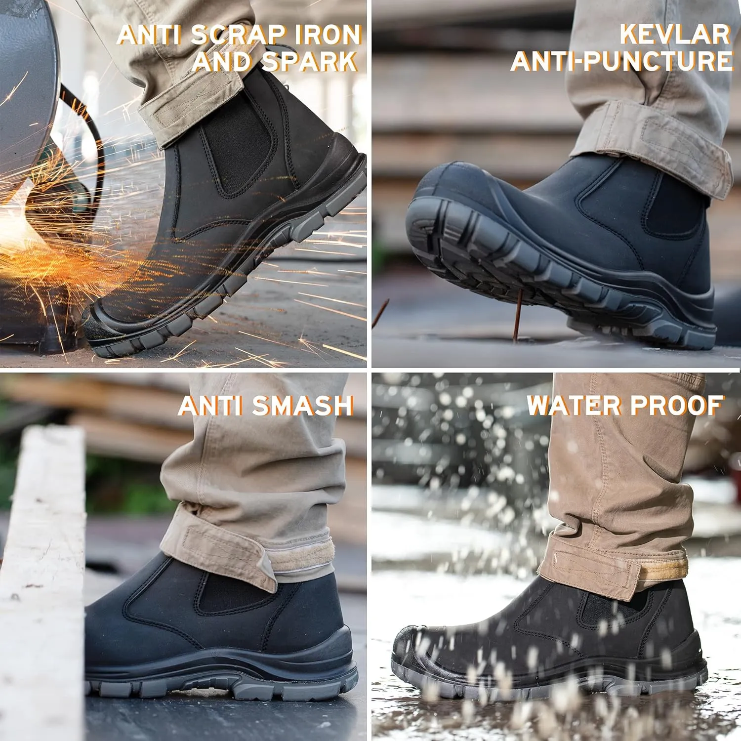 Steel Toe Work Boots for Men Slip-on Chelsea Boot, Men's Industrial & Construction Shoes, Waterproof, Lightweight, Comfortable, Non-slip Safety Shoes, Black, 10.5
