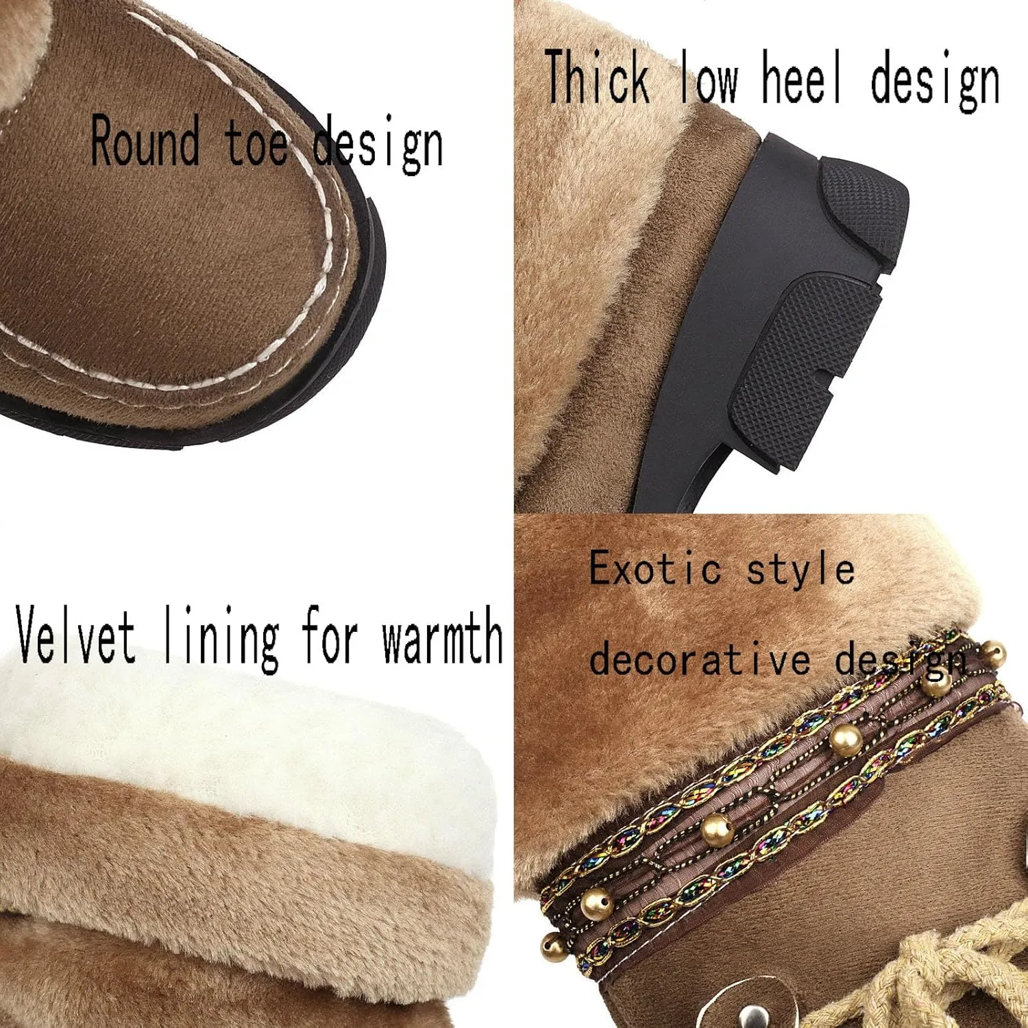 Suede Slip On Snow Boots, Chunky Low Heel Round Toe Lace Up Knee High Boots Raw Edge Warm Straight Boots Puff Ball Color Block Casual Mid Calf Boots