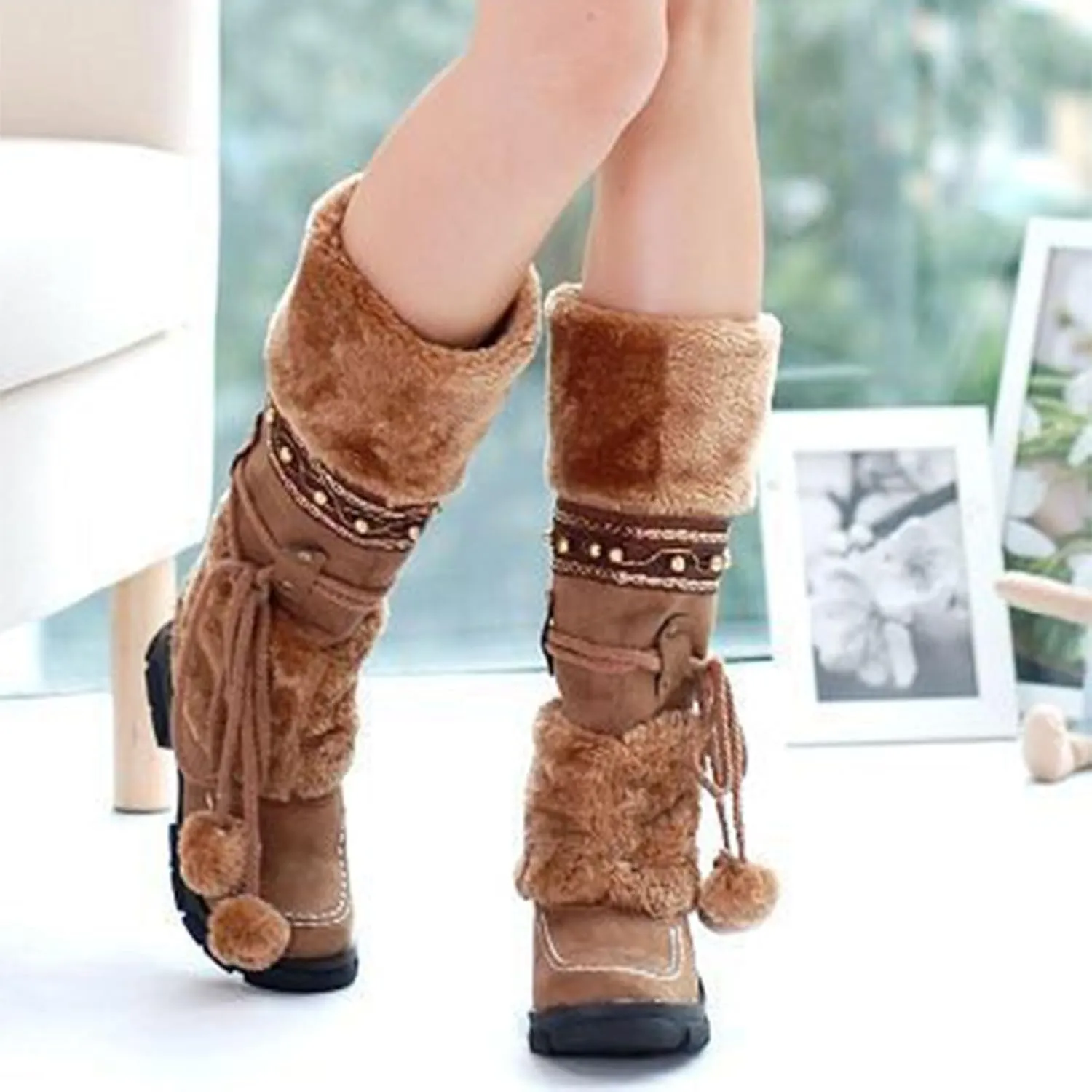 Suede Slip On Snow Boots, Chunky Low Heel Round Toe Lace Up Knee High Boots Raw Edge Warm Straight Boots Puff Ball Color Block Casual Mid Calf Boots