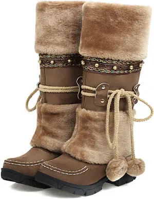 Suede Slip On Snow Boots, Chunky Low Heel Round Toe Lace Up Knee High Boots Raw Edge Warm Straight Boots Puff Ball Color Block Casual Mid Calf Boots