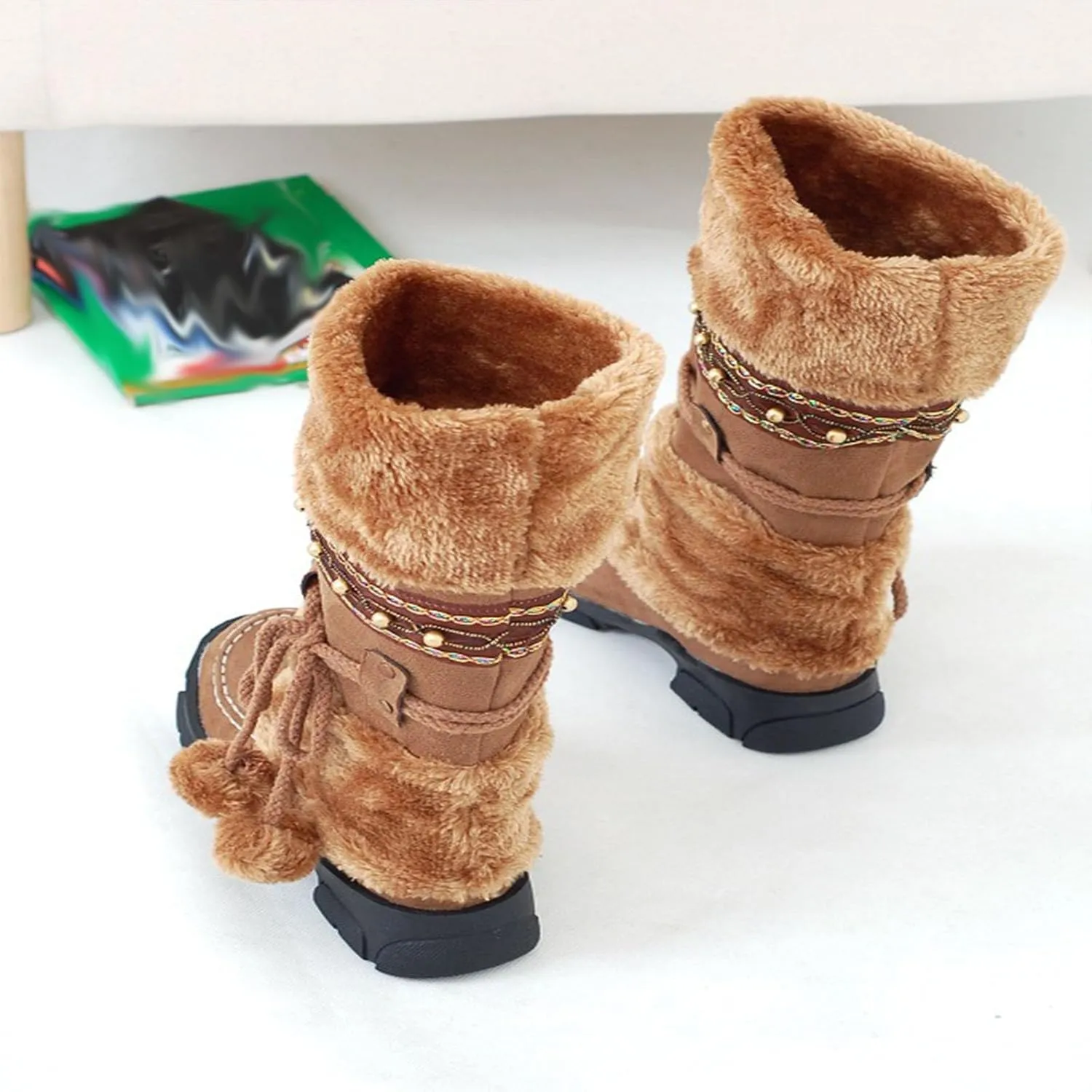 Suede Slip On Snow Boots, Chunky Low Heel Round Toe Lace Up Knee High Boots Raw Edge Warm Straight Boots Puff Ball Color Block Casual Mid Calf Boots