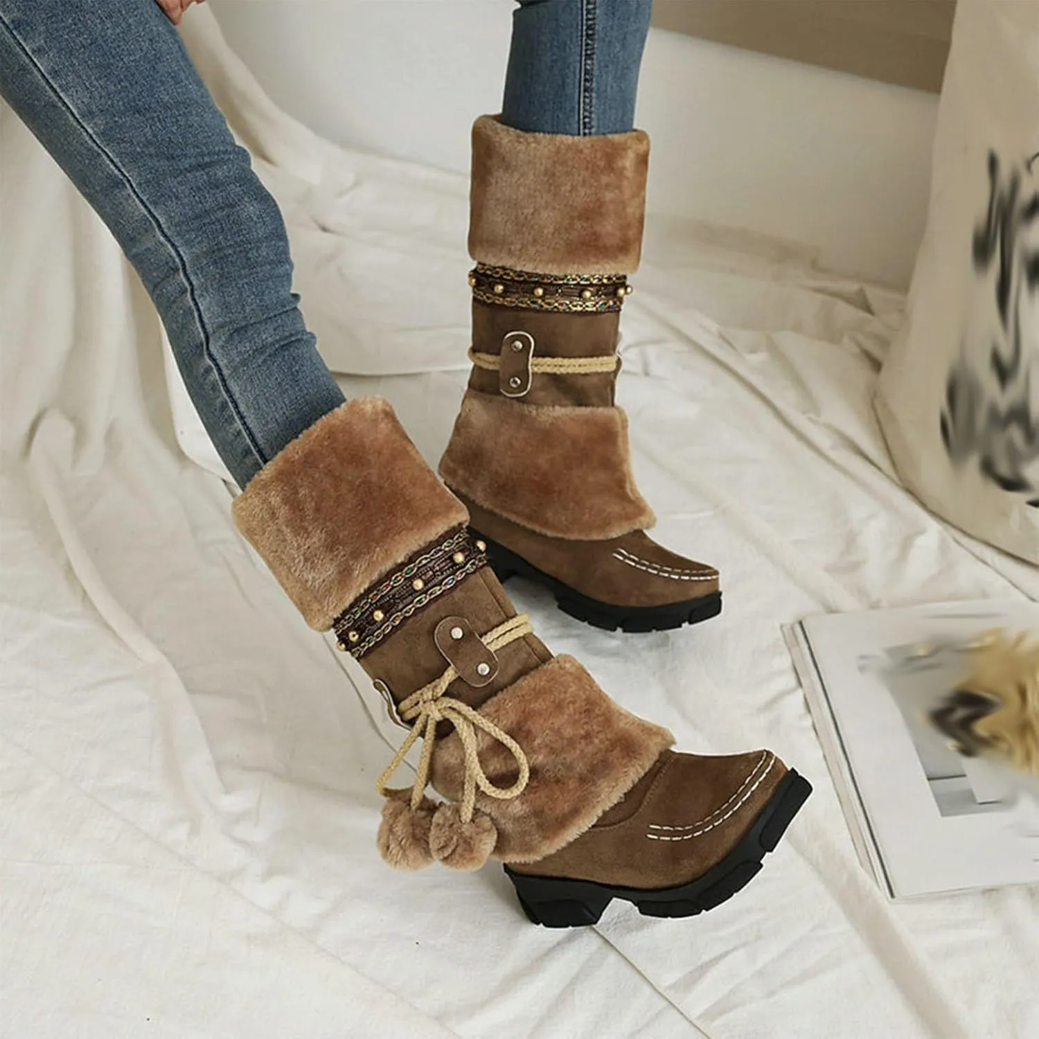 Suede Slip On Snow Boots, Chunky Low Heel Round Toe Lace Up Knee High Boots Raw Edge Warm Straight Boots Puff Ball Color Block Casual Mid Calf Boots