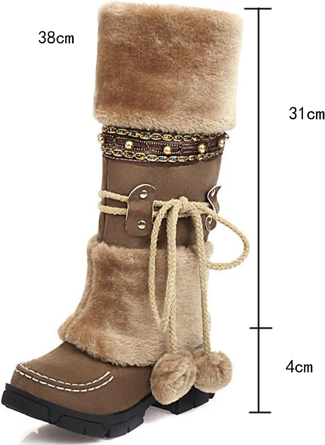 Suede Slip On Snow Boots, Chunky Low Heel Round Toe Lace Up Knee High Boots Raw Edge Warm Straight Boots Puff Ball Color Block Casual Mid Calf Boots