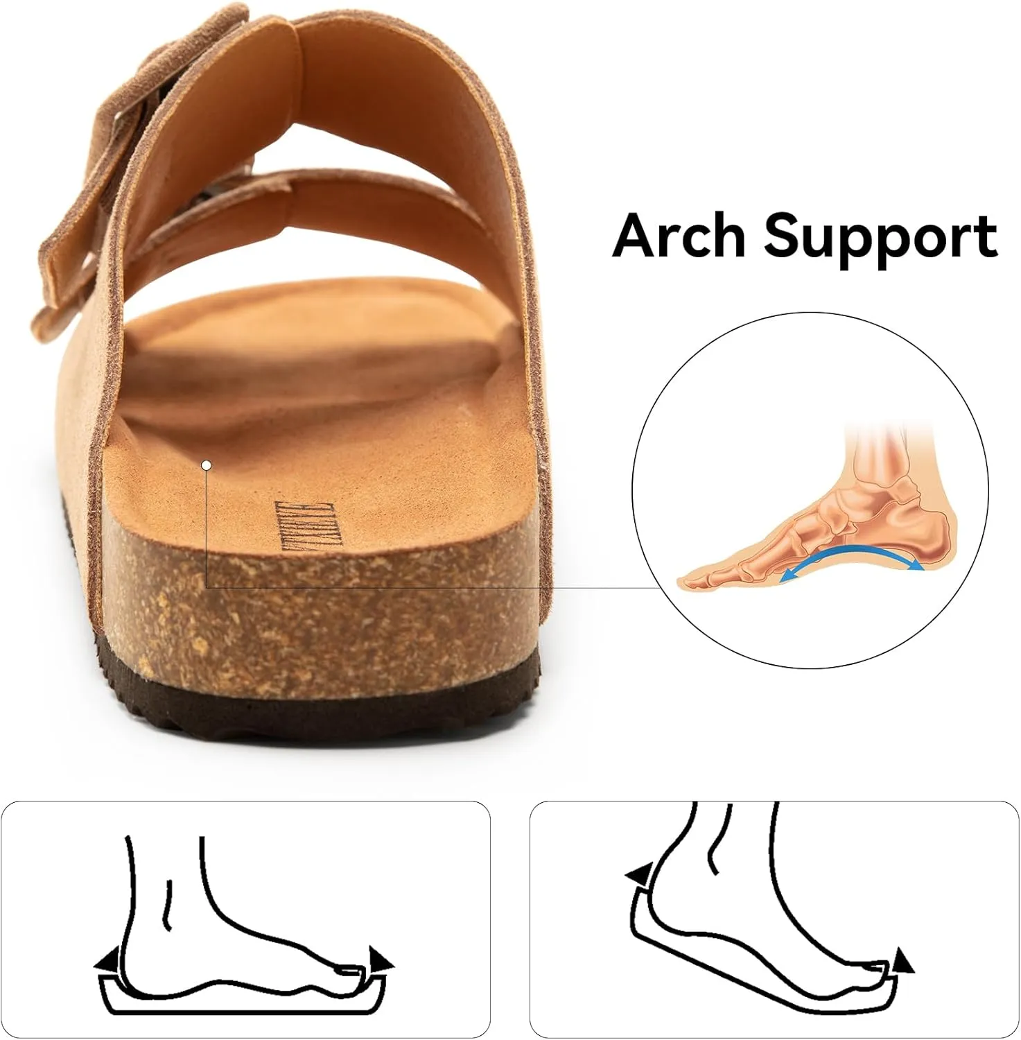Summer Cork Footbed Slide sandals for women, Flat Sandals with Arch support,100% Genuine Leather