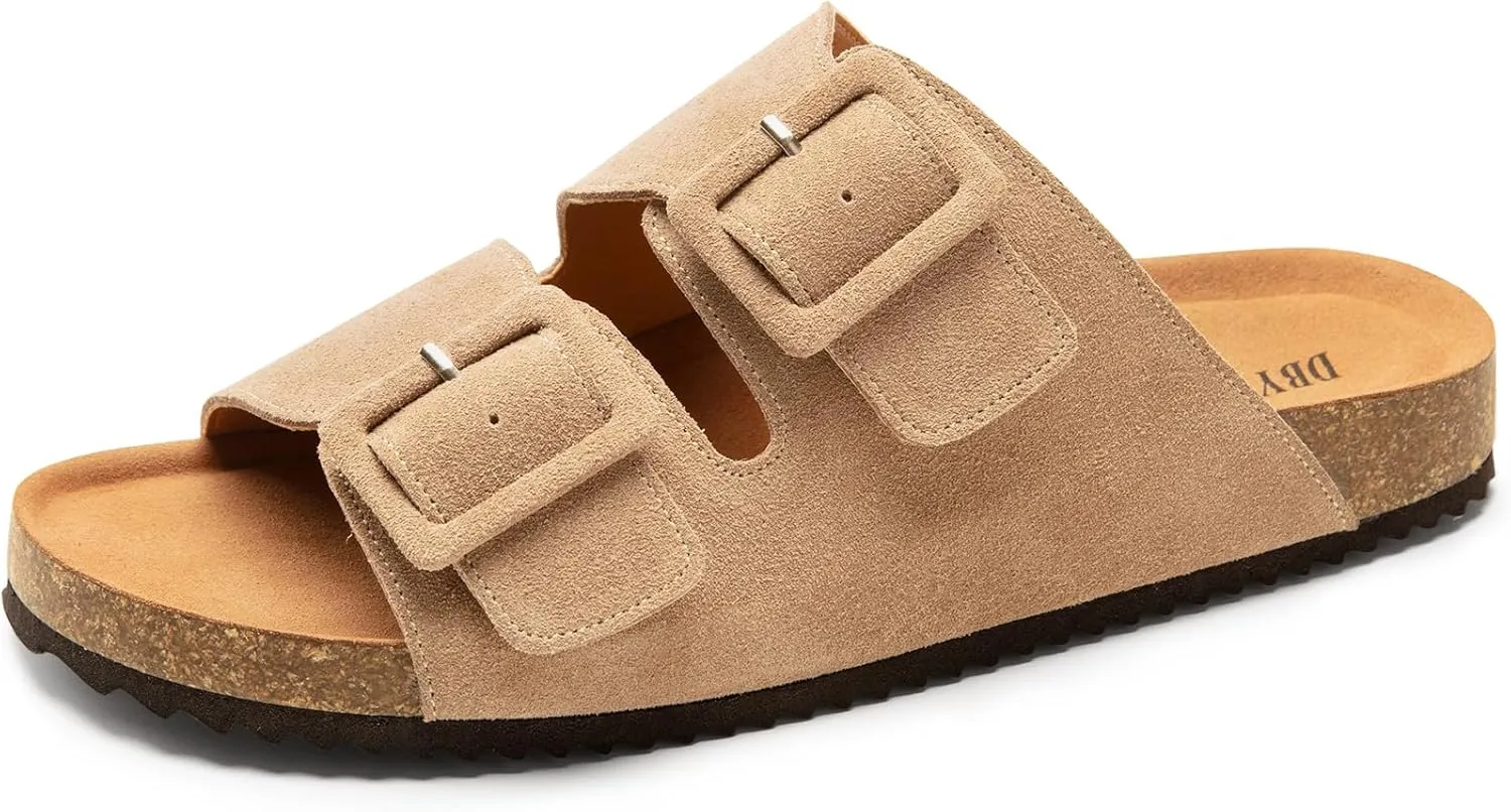 Summer Cork Footbed Slide sandals for women, Flat Sandals with Arch support,100% Genuine Leather