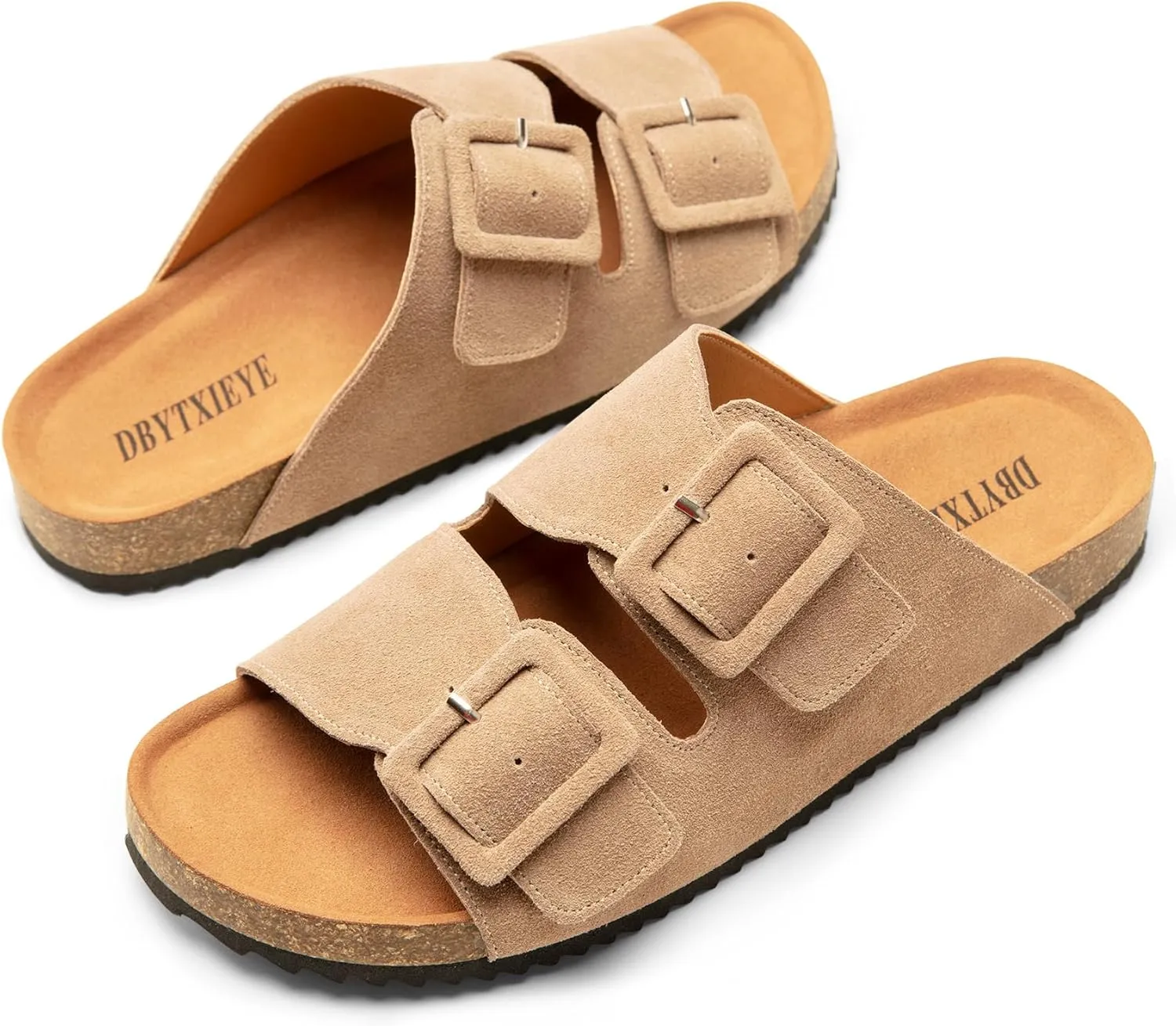 Summer Cork Footbed Slide sandals for women, Flat Sandals with Arch support,100% Genuine Leather