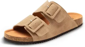 Summer Cork Footbed Slide sandals for women, Flat Sandals with Arch support,100% Genuine Leather