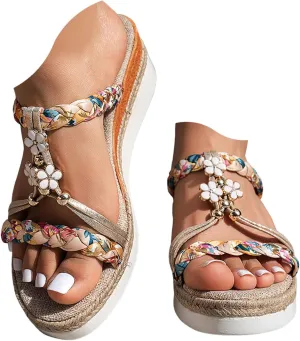 Summer Sandals for Women 2025 Womens Orthopedic Dressy Low Wedges Heels Sandal Wide Width Comfort Walking Non Slip Casual Beach Platform Espadrilles Sandals Ankle Elastic Bohemian Woven Shoes
