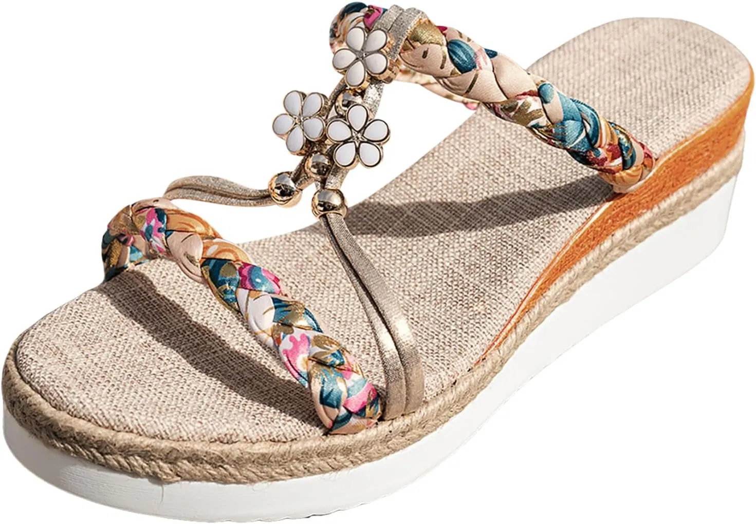 Summer Sandals for Women 2025 Womens Orthopedic Dressy Low Wedges Heels Sandal Wide Width Comfort Walking Non Slip Casual Beach Platform Espadrilles Sandals Ankle Elastic Bohemian Woven Shoes
