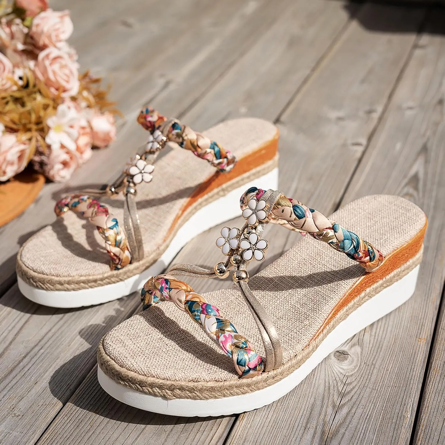 Summer Sandals for Women 2025 Womens Orthopedic Dressy Low Wedges Heels Sandal Wide Width Comfort Walking Non Slip Casual Beach Platform Espadrilles Sandals Ankle Elastic Bohemian Woven Shoes