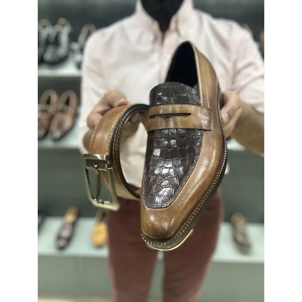 Tan   Brown Croco Detail Mirror Glossed Patina Penny Loafer With Metal Toe   Matching Belt Combo