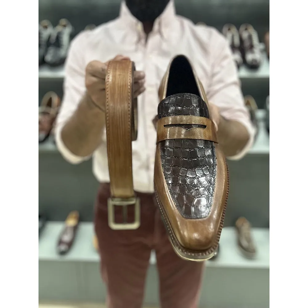 Tan   Brown Croco Detail Mirror Glossed Patina Penny Loafer With Metal Toe   Matching Belt Combo