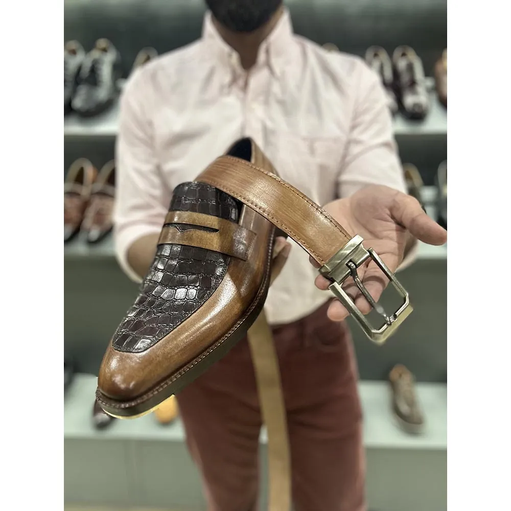 Tan   Brown Croco Detail Mirror Glossed Patina Penny Loafer With Metal Toe   Matching Belt Combo