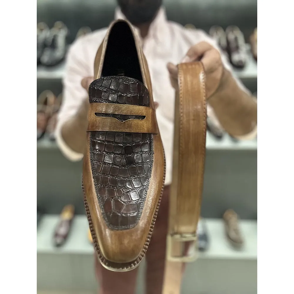 Tan   Brown Croco Detail Mirror Glossed Patina Penny Loafer With Metal Toe   Matching Belt Combo