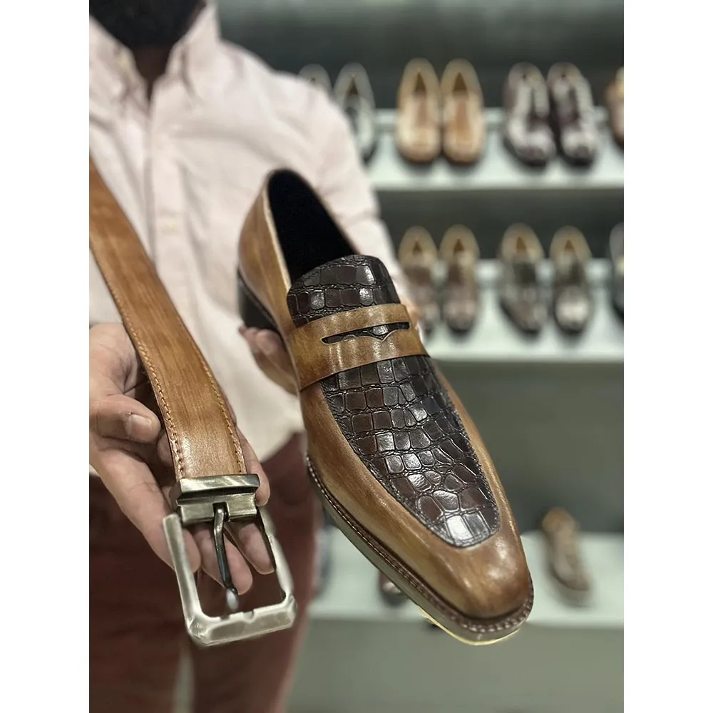 Tan   Brown Croco Detail Mirror Glossed Patina Penny Loafer With Metal Toe   Matching Belt Combo