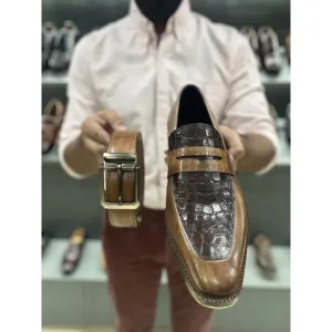 Tan   Brown Croco Detail Mirror Glossed Patina Penny Loafer With Metal Toe   Matching Belt Combo