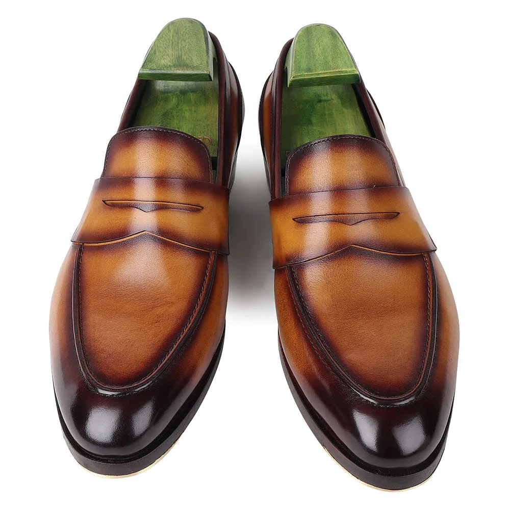 Tan Goodyear Welted Mirror Glossed Patina Modern Penny Loafer   Fiddle Back Waist   Metal Toe