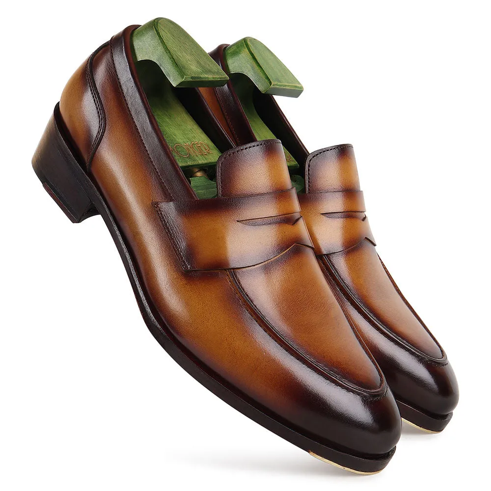 Tan Goodyear Welted Mirror Glossed Patina Modern Penny Loafer   Fiddle Back Waist   Metal Toe