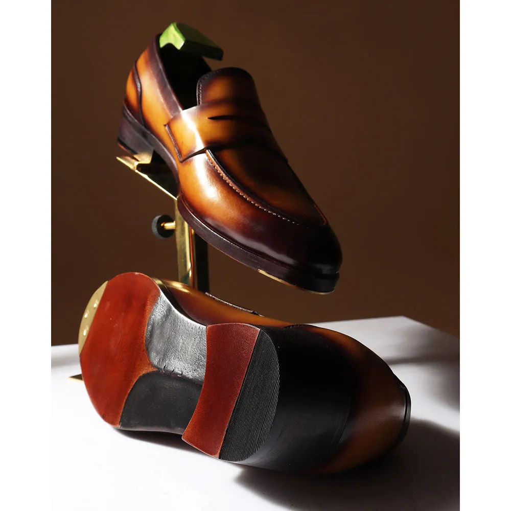 Tan Goodyear Welted Mirror Glossed Patina Modern Penny Loafer   Fiddle Back Waist   Metal Toe