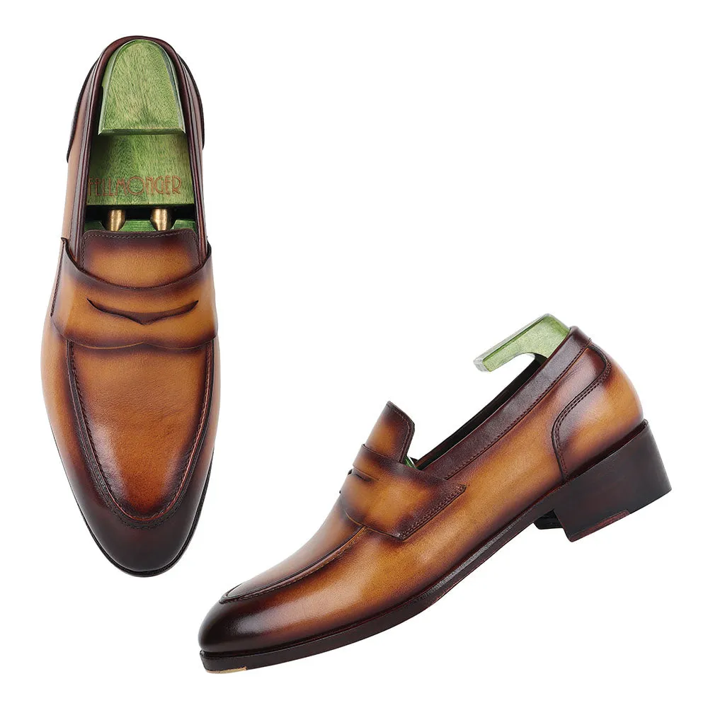 Tan Goodyear Welted Mirror Glossed Patina Modern Penny Loafer   Fiddle Back Waist   Metal Toe