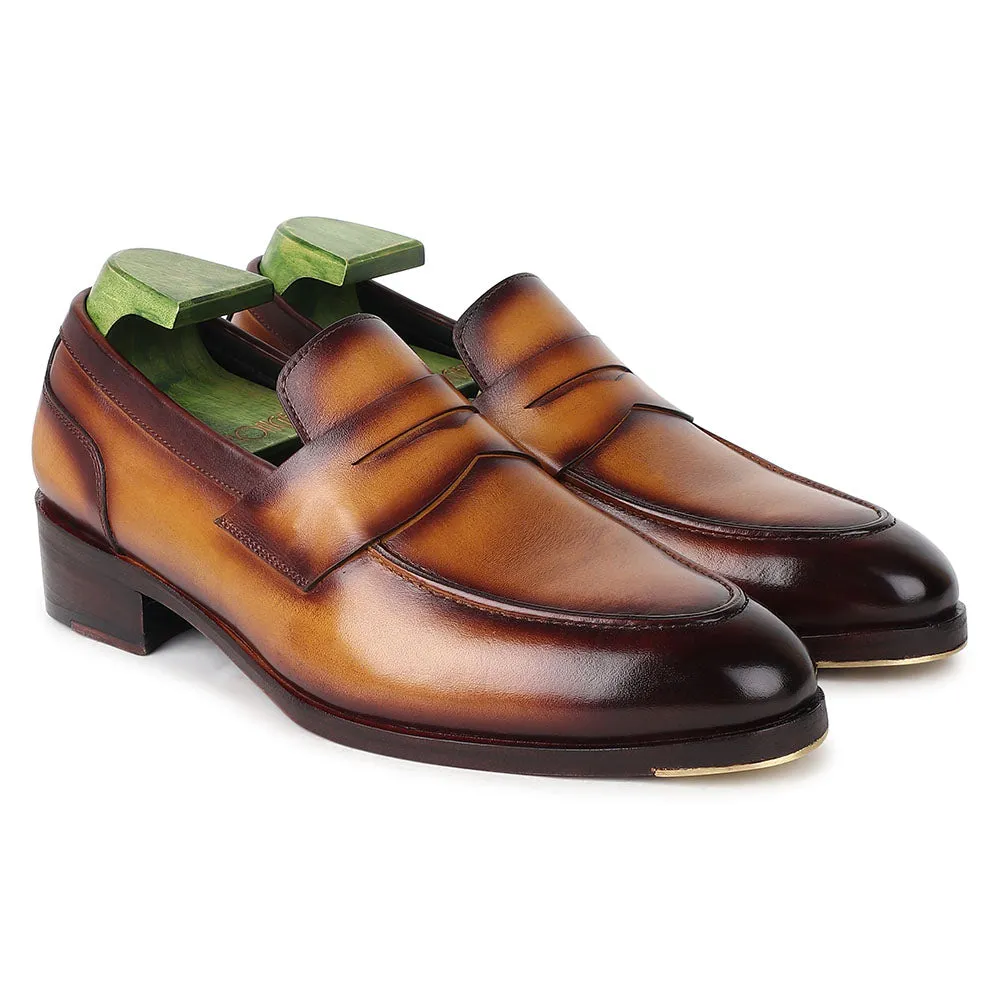 Tan Goodyear Welted Mirror Glossed Patina Modern Penny Loafer   Fiddle Back Waist   Metal Toe