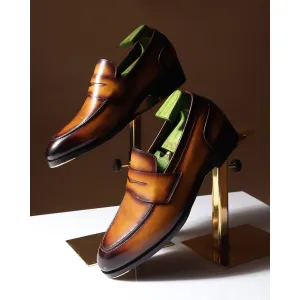 Tan Goodyear Welted Mirror Glossed Patina Modern Penny Loafer   Fiddle Back Waist   Metal Toe