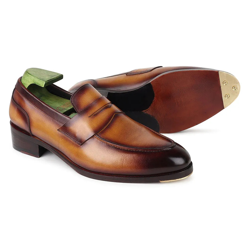 Tan Goodyear Welted Mirror Glossed Patina Modern Penny Loafer   Fiddle Back Waist   Metal Toe