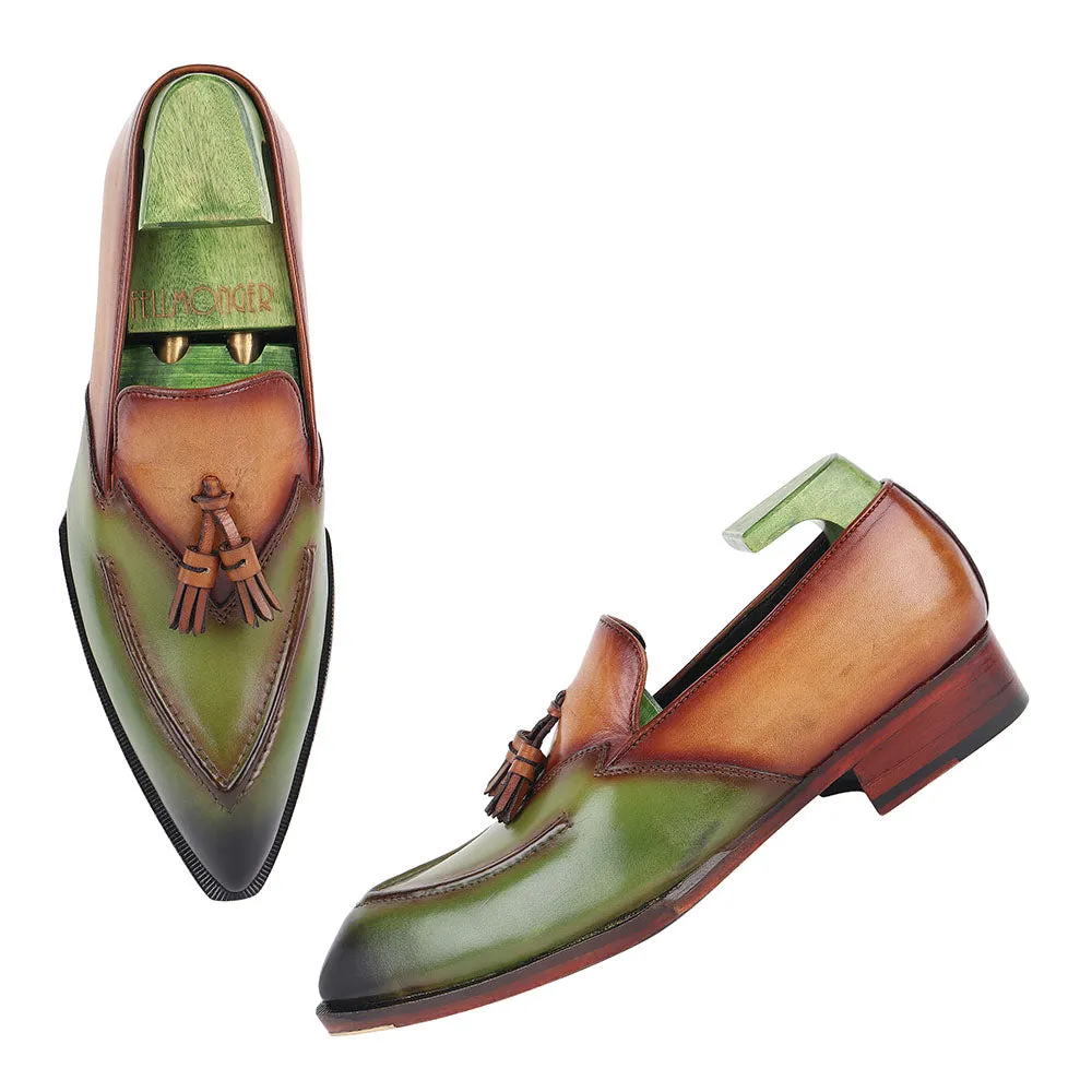 Tan   Green Mirror Glossed Patina Modern Tassel Loafer   Fiddle Back Sole   Metal Toe Plate