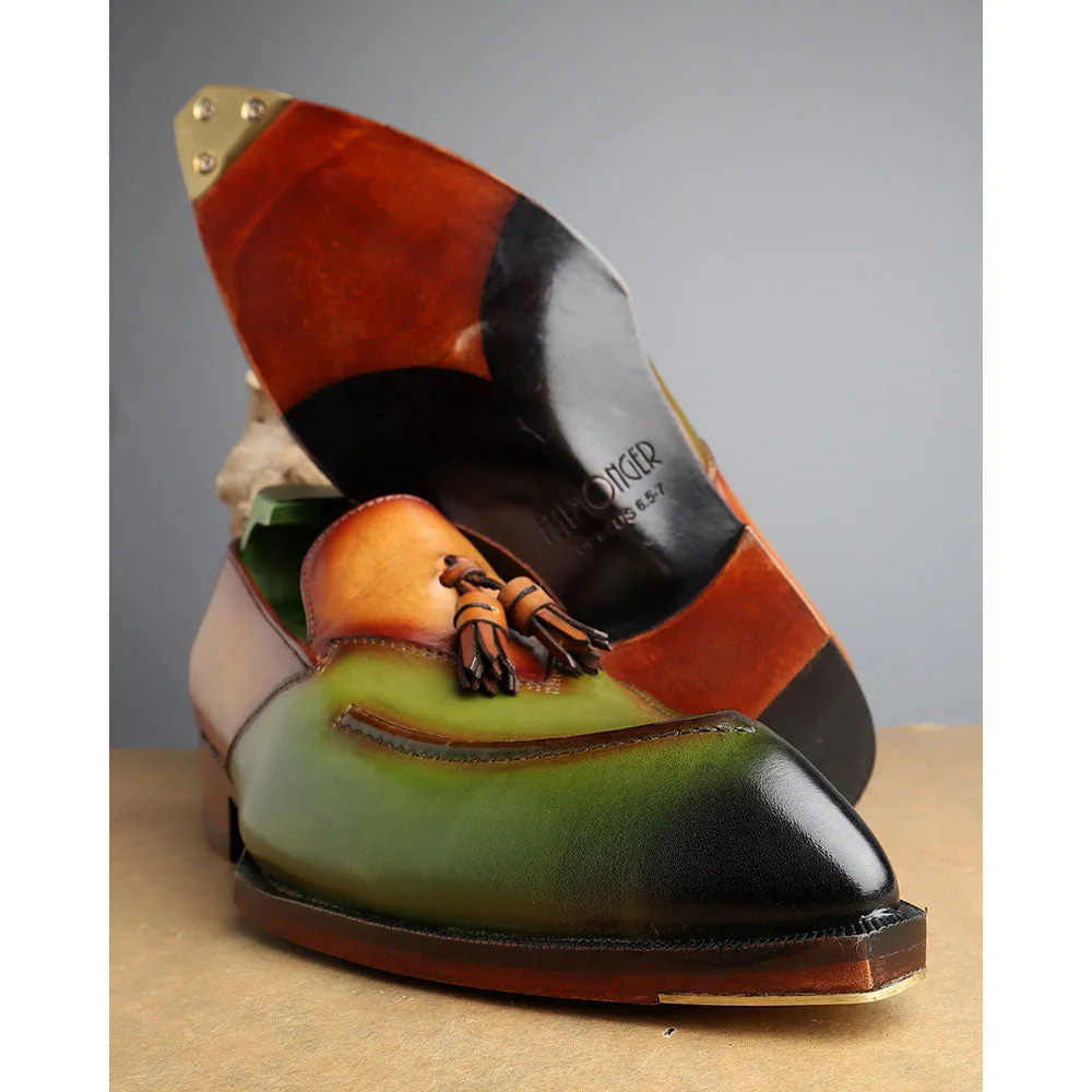 Tan   Green Mirror Glossed Patina Modern Tassel Loafer   Fiddle Back Sole   Metal Toe Plate