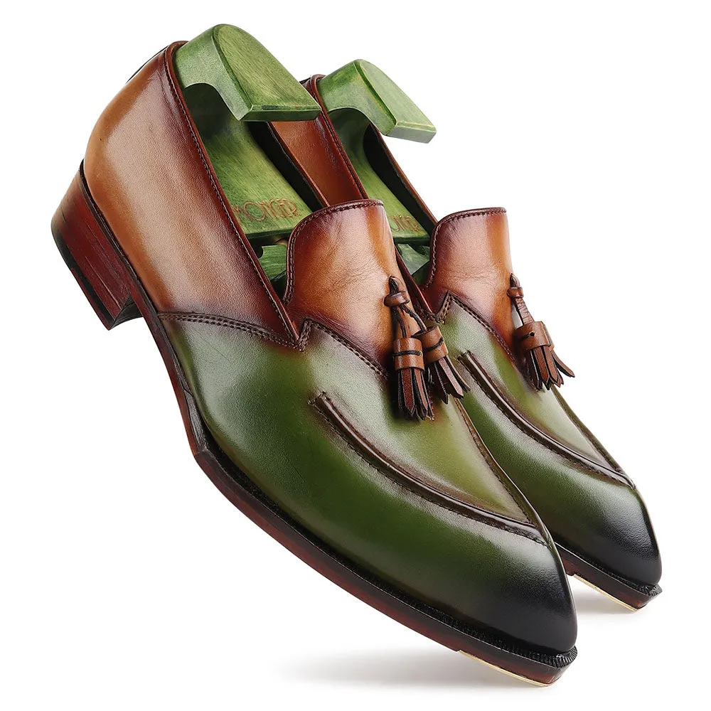 Tan   Green Mirror Glossed Patina Modern Tassel Loafer   Fiddle Back Sole   Metal Toe Plate