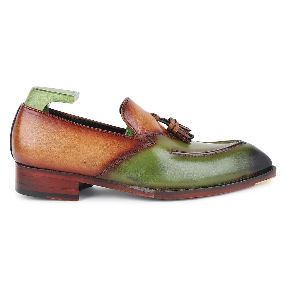 Tan   Green Mirror Glossed Patina Modern Tassel Loafer   Fiddle Back Sole   Metal Toe Plate