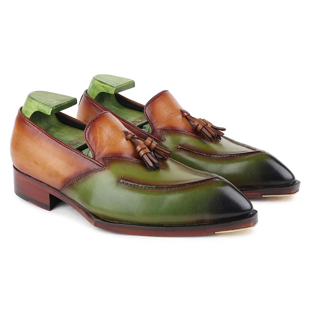 Tan   Green Mirror Glossed Patina Modern Tassel Loafer   Fiddle Back Sole   Metal Toe Plate