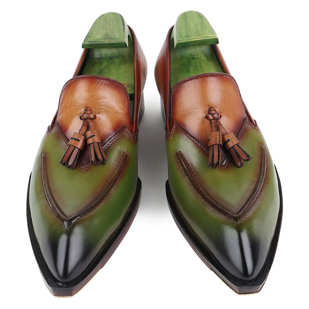 Tan   Green Mirror Glossed Patina Modern Tassel Loafer   Fiddle Back Sole   Metal Toe Plate
