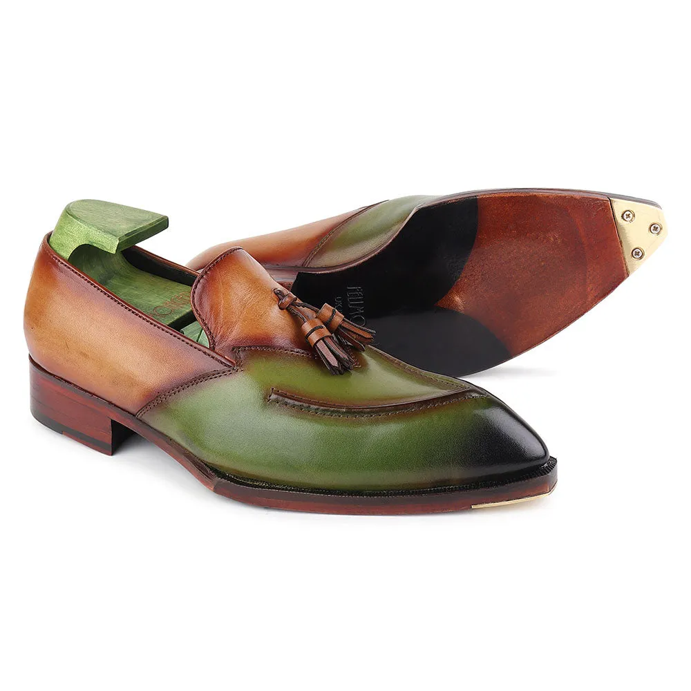 Tan   Green Mirror Glossed Patina Modern Tassel Loafer   Fiddle Back Sole   Metal Toe Plate