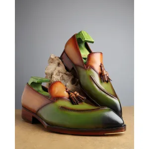Tan   Green Mirror Glossed Patina Modern Tassel Loafer   Fiddle Back Sole   Metal Toe Plate