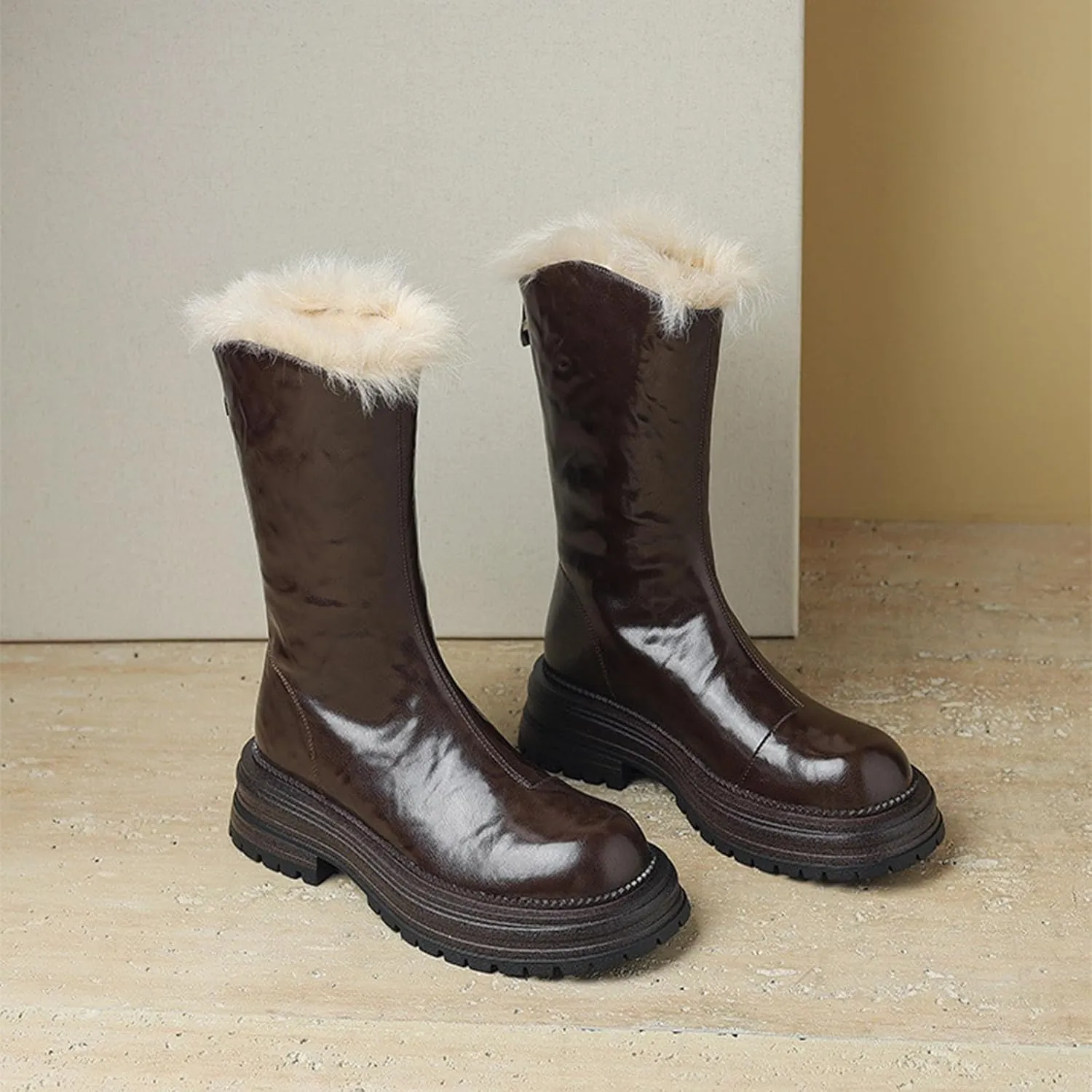 Thick Soled Low Heeled Snow Boots, Back Zip Round Toe Ankle Boots Thick Plush Lining Raw Edge Warm Straight Boots Platform Non Slip Mid Calf Boots for Women
