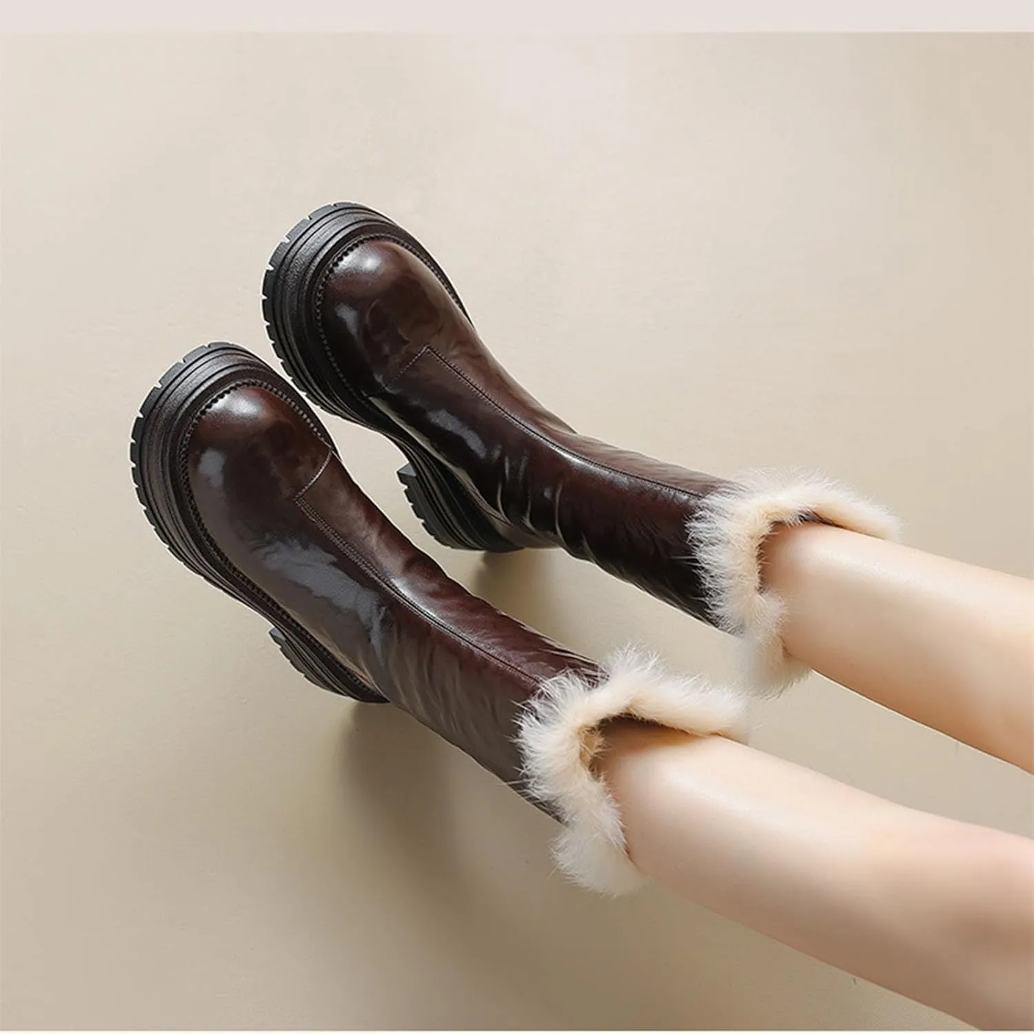 Thick Soled Low Heeled Snow Boots, Back Zip Round Toe Ankle Boots Thick Plush Lining Raw Edge Warm Straight Boots Platform Non Slip Mid Calf Boots for Women