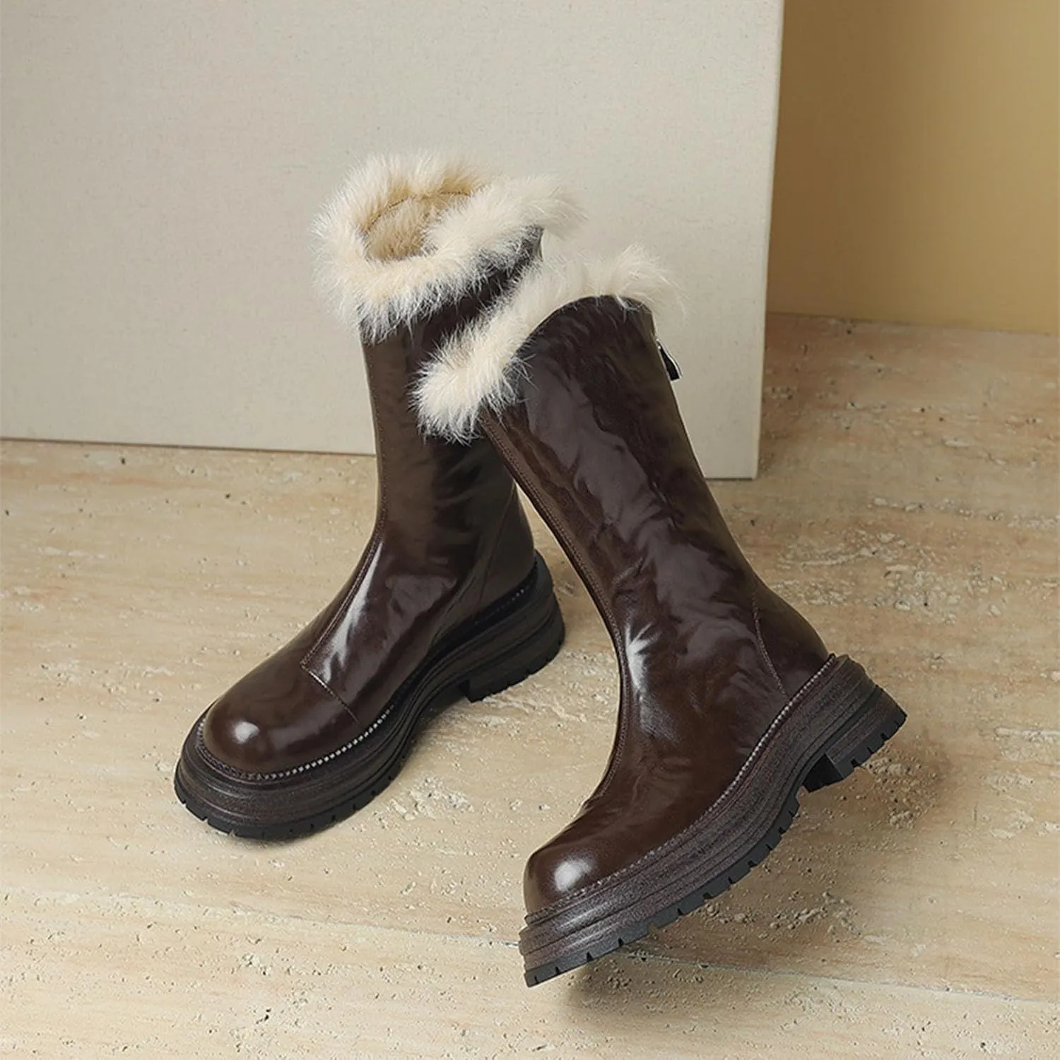 Thick Soled Low Heeled Snow Boots, Back Zip Round Toe Ankle Boots Thick Plush Lining Raw Edge Warm Straight Boots Platform Non Slip Mid Calf Boots for Women