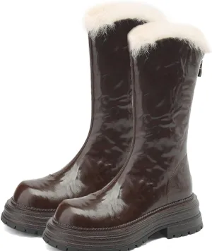 Thick Soled Low Heeled Snow Boots, Back Zip Round Toe Ankle Boots Thick Plush Lining Raw Edge Warm Straight Boots Platform Non Slip Mid Calf Boots for Women