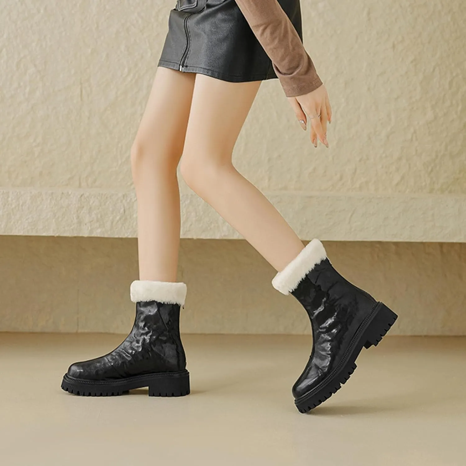 Thick Soled Snow Boots, Round Toe Back Zipper Short Boots Leather Raw Edge Rubber Sole Straight Boots Waterproof and Non-Slip Women's Mid Calf Boots