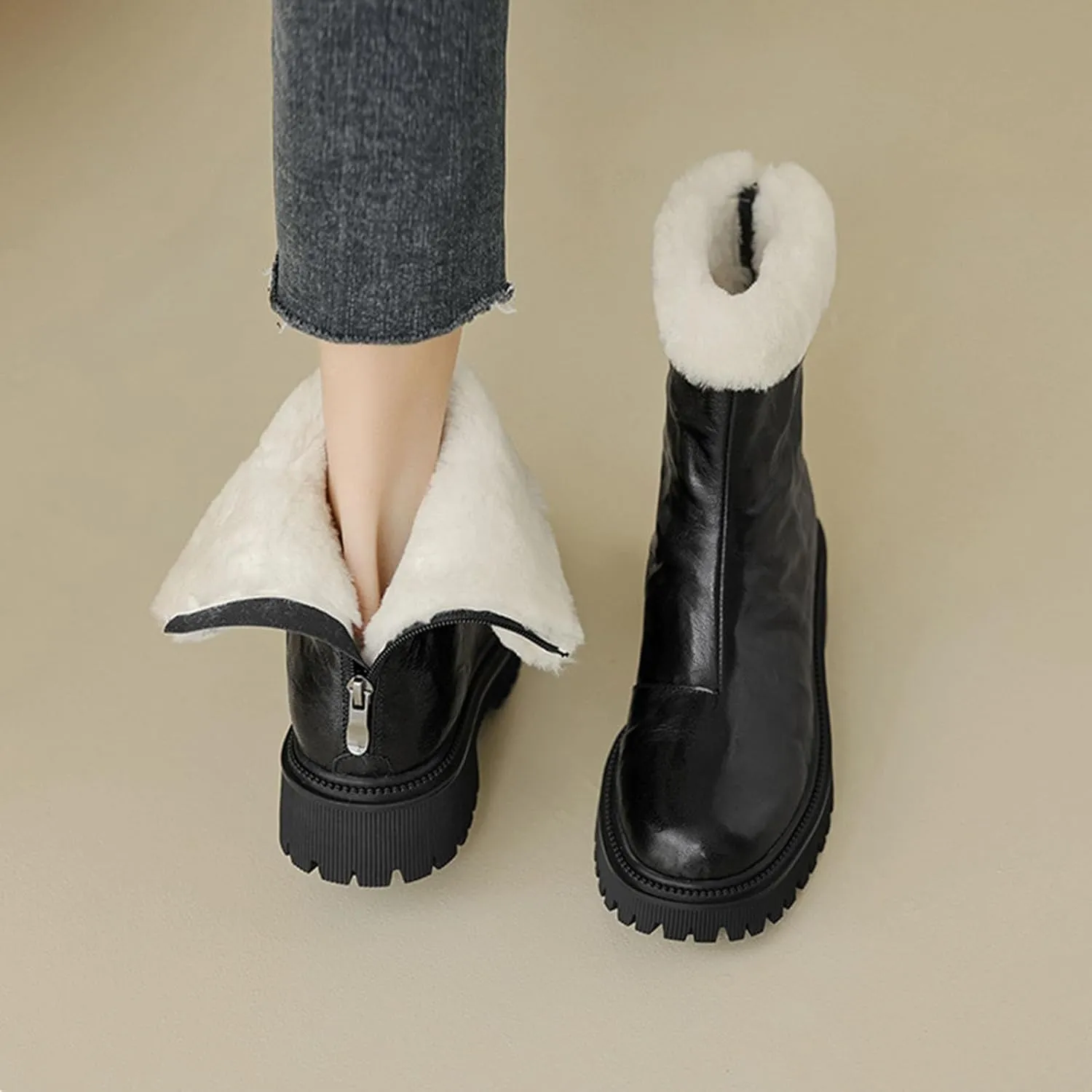 Thick Soled Snow Boots, Round Toe Back Zipper Short Boots Leather Raw Edge Rubber Sole Straight Boots Waterproof and Non-Slip Women's Mid Calf Boots