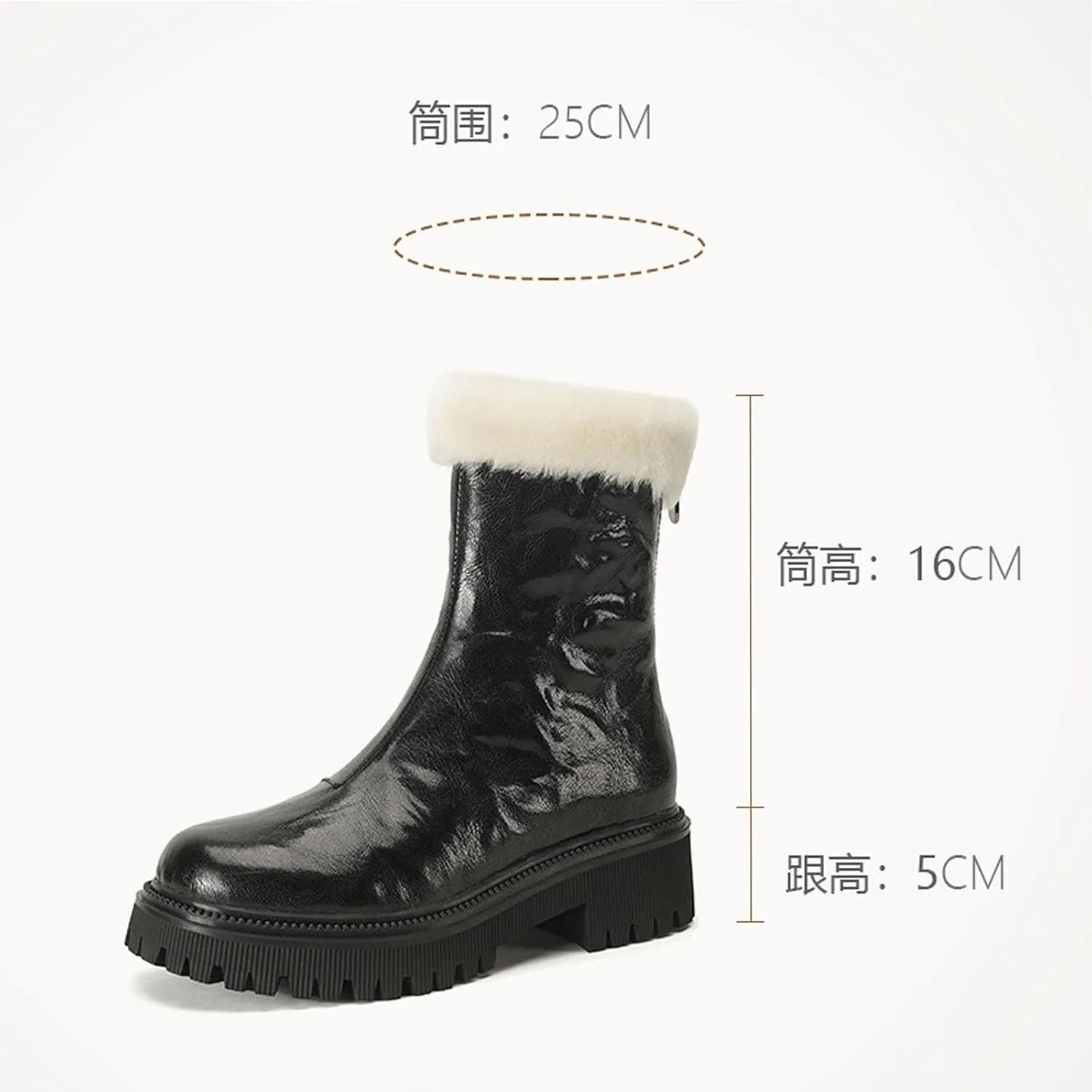 Thick Soled Snow Boots, Round Toe Back Zipper Short Boots Leather Raw Edge Rubber Sole Straight Boots Waterproof and Non-Slip Women's Mid Calf Boots