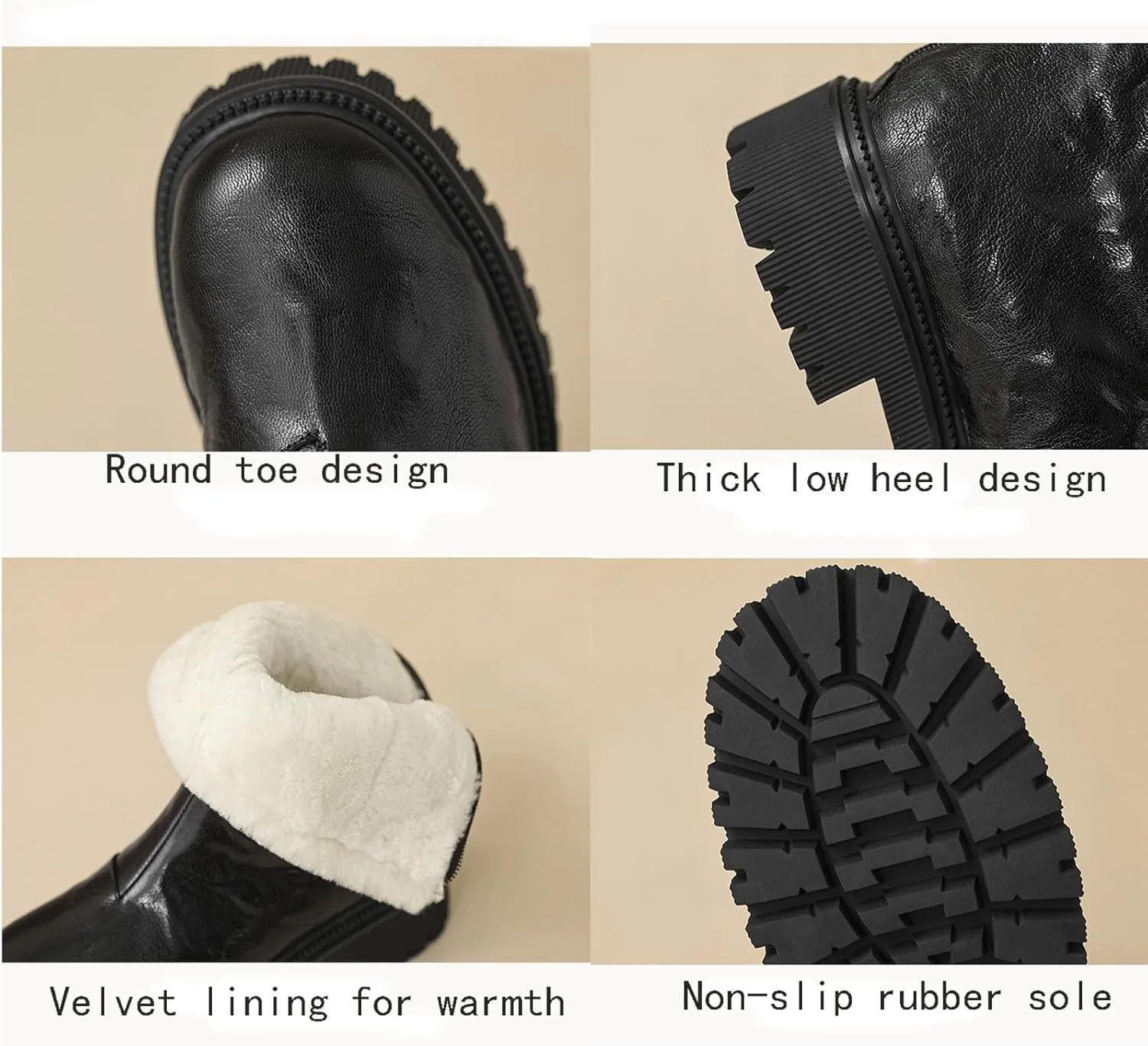 Thick Soled Snow Boots, Round Toe Back Zipper Short Boots Leather Raw Edge Rubber Sole Straight Boots Waterproof and Non-Slip Women's Mid Calf Boots