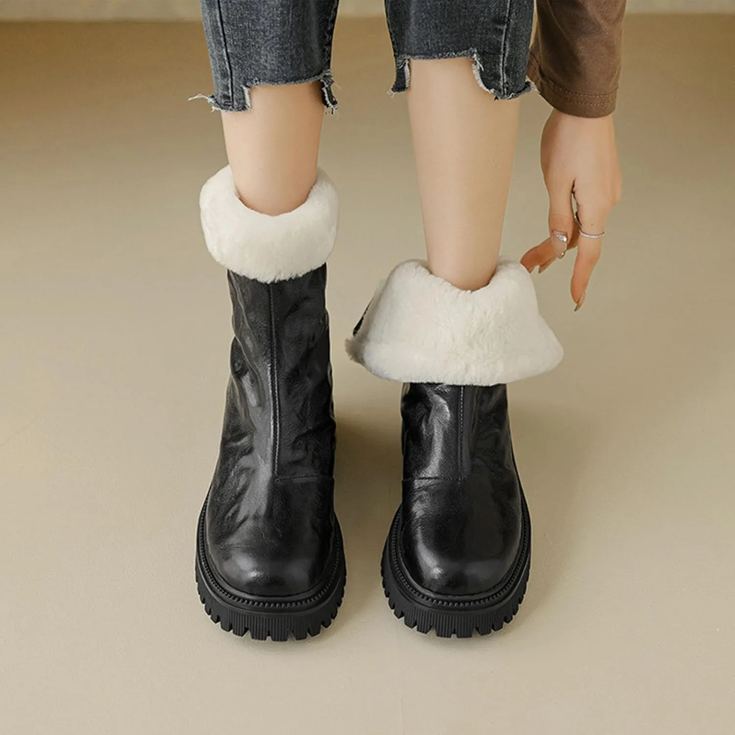 Thick Soled Snow Boots, Round Toe Back Zipper Short Boots Leather Raw Edge Rubber Sole Straight Boots Waterproof and Non-Slip Women's Mid Calf Boots