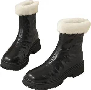 Thick Soled Snow Boots, Round Toe Back Zipper Short Boots Leather Raw Edge Rubber Sole Straight Boots Waterproof and Non-Slip Women's Mid Calf Boots