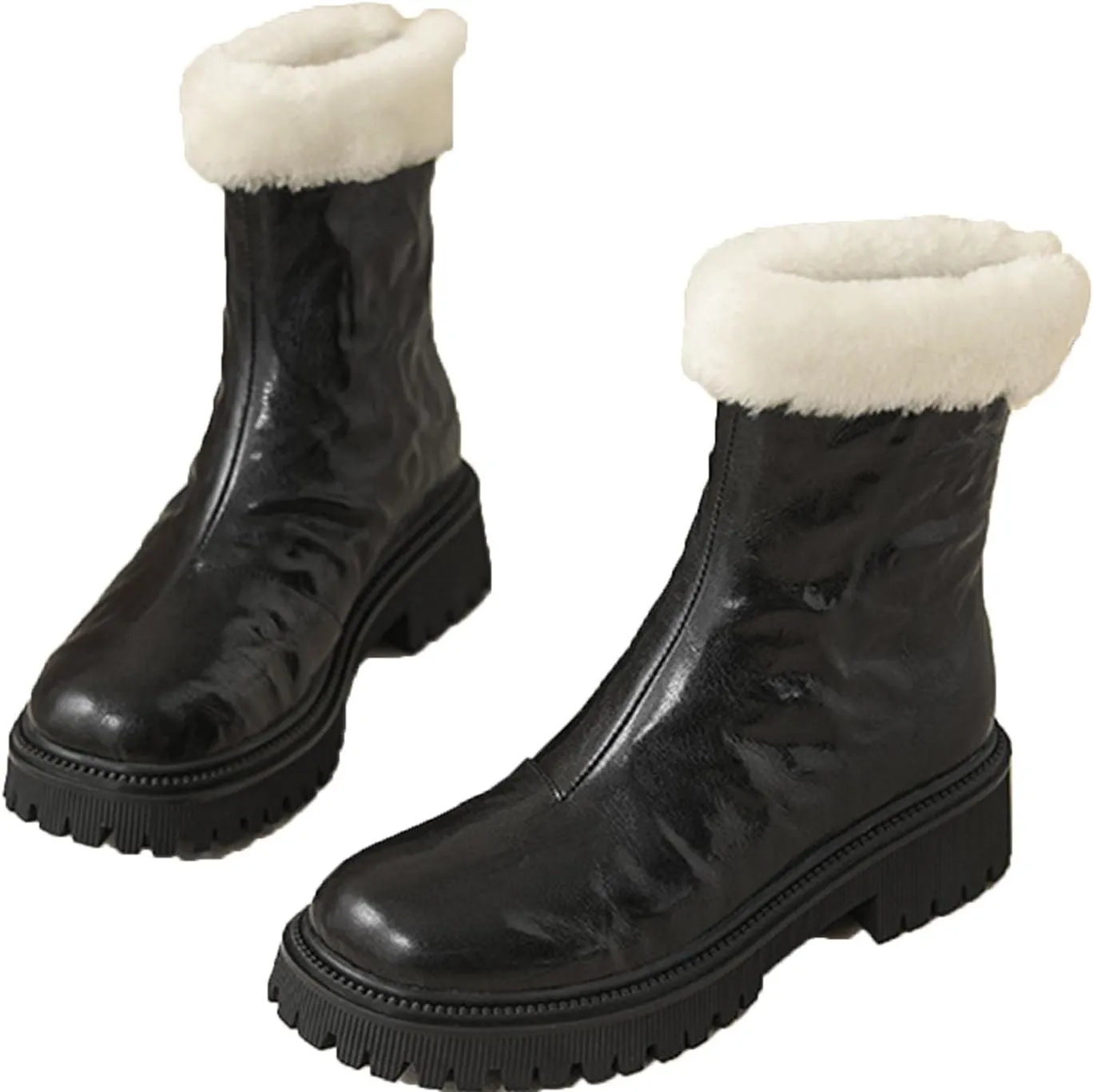 Thick Soled Snow Boots, Round Toe Back Zipper Short Boots Leather Raw Edge Rubber Sole Straight Boots Waterproof and Non-Slip Women's Mid Calf Boots