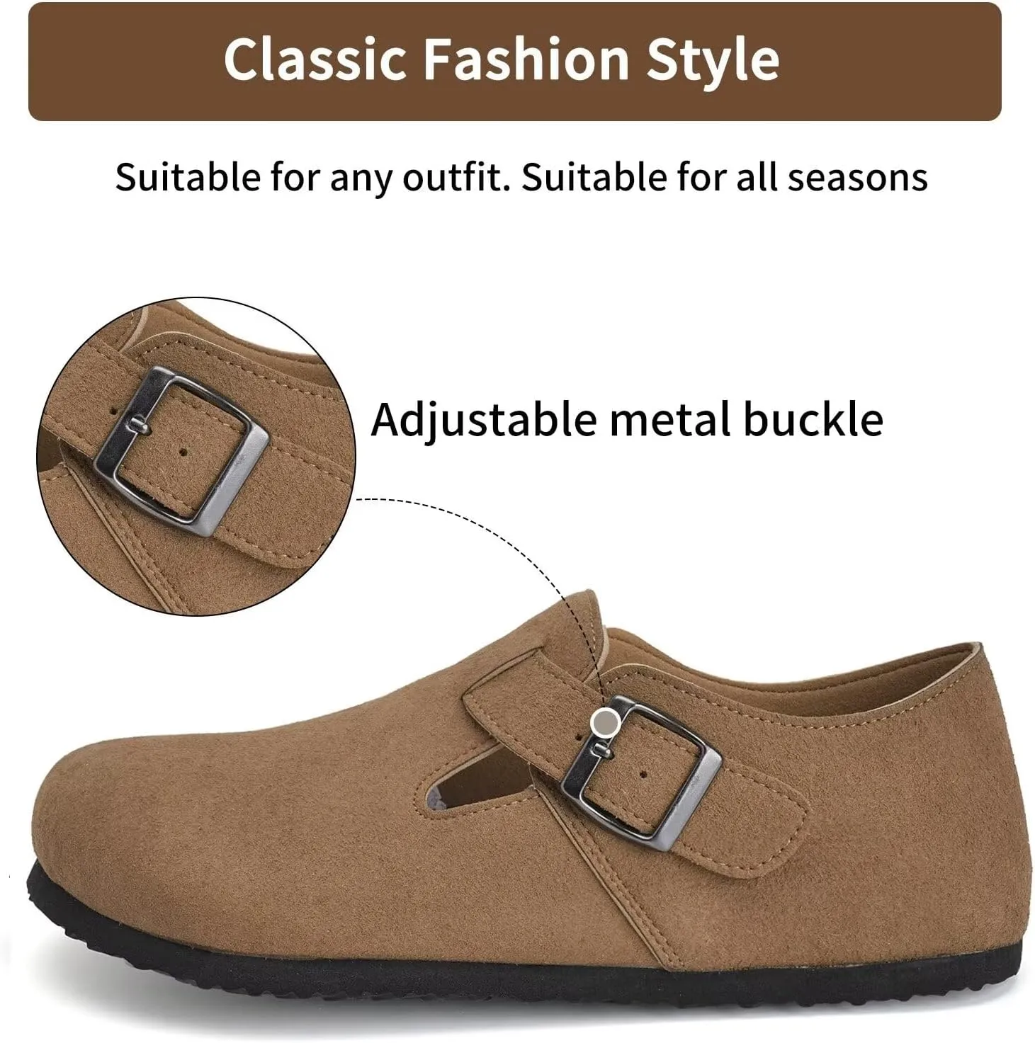 Torotto Womens Clogs Cork Footbed Suede Slippers Arch Support Potato Shoes with Adjustable Buckle