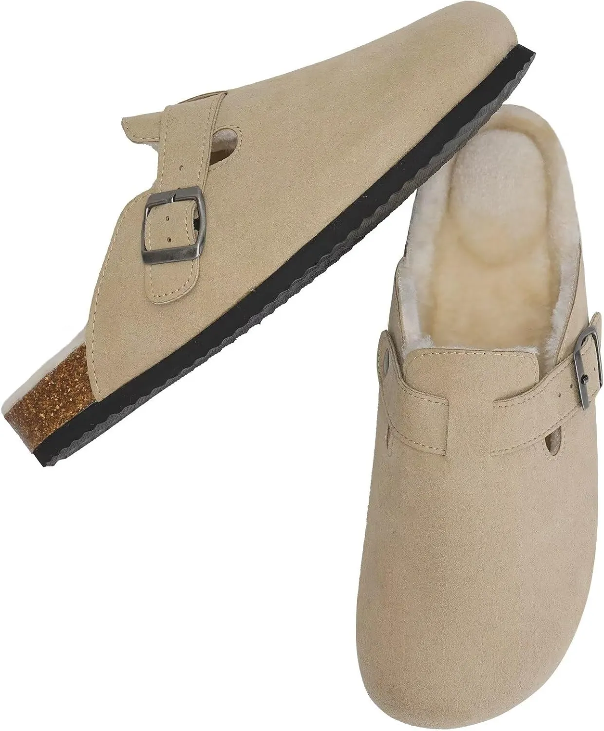 Torotto Womens Clogs Fuzzy Cork Footbed Slippers Arch Support Potato Shoes with Adjustable Buckle
