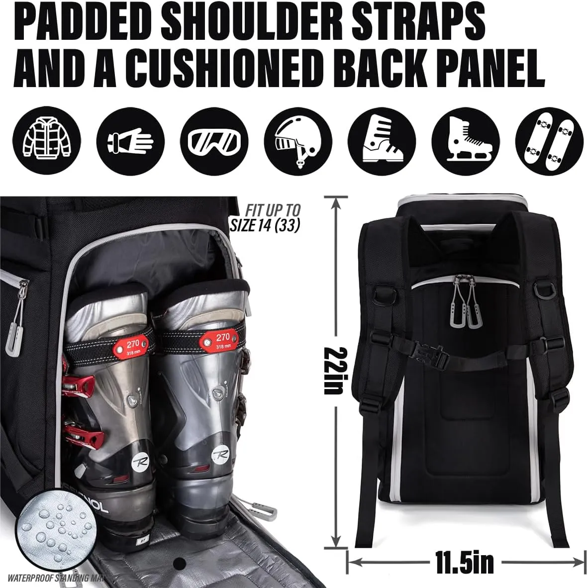 Travel Ski Boot Bag Backpack - Durable Boot Bags for Skiing Accessories, 60L Water-Resistant Padded Snow Skate Bag - Ski Gear Bag for Snowboard Boots, Helmet, Goggles